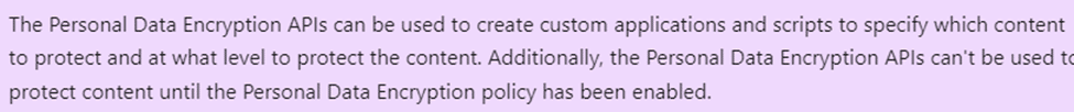 a note that mentions: we could use the personal data encryption APIs to specify which content to protect.