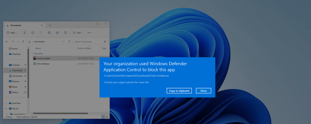 Example of a Firefox install blocked by Windows Defender Application Control