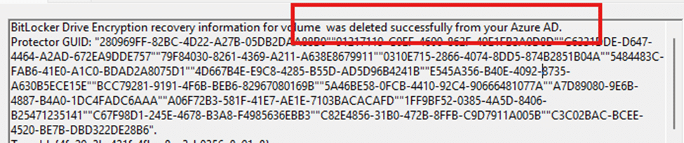 bitlocker drive encryption recovery information for volume was deleted successfully from your azure ad