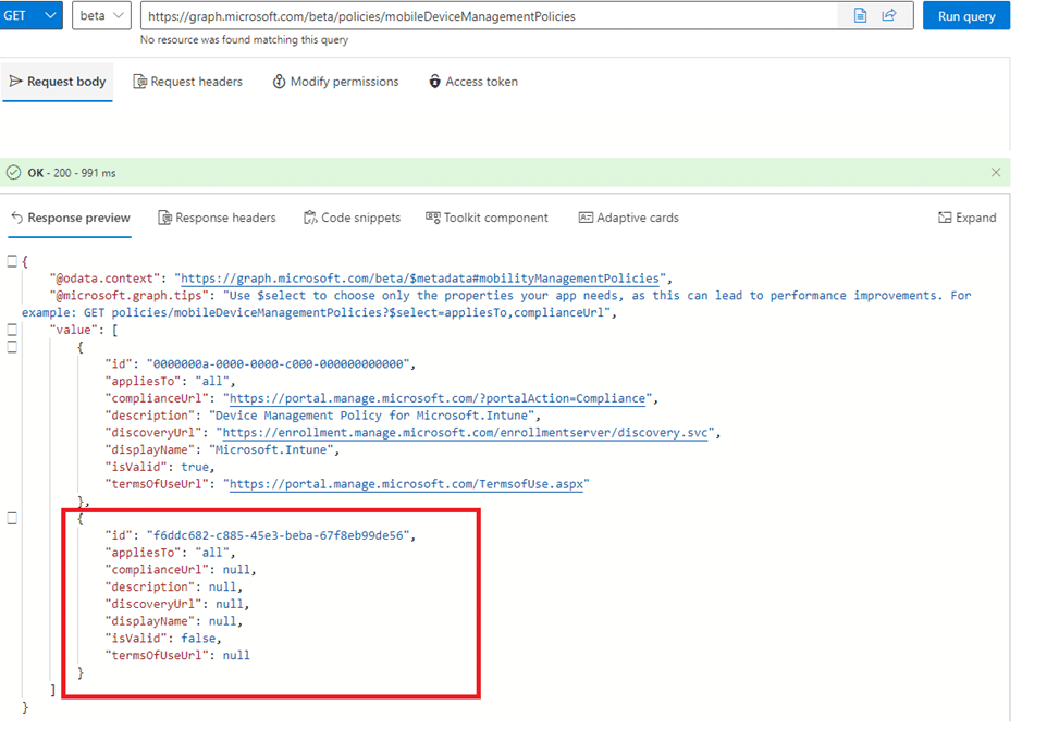performing a get to all mobiledevicemanagementpolicies