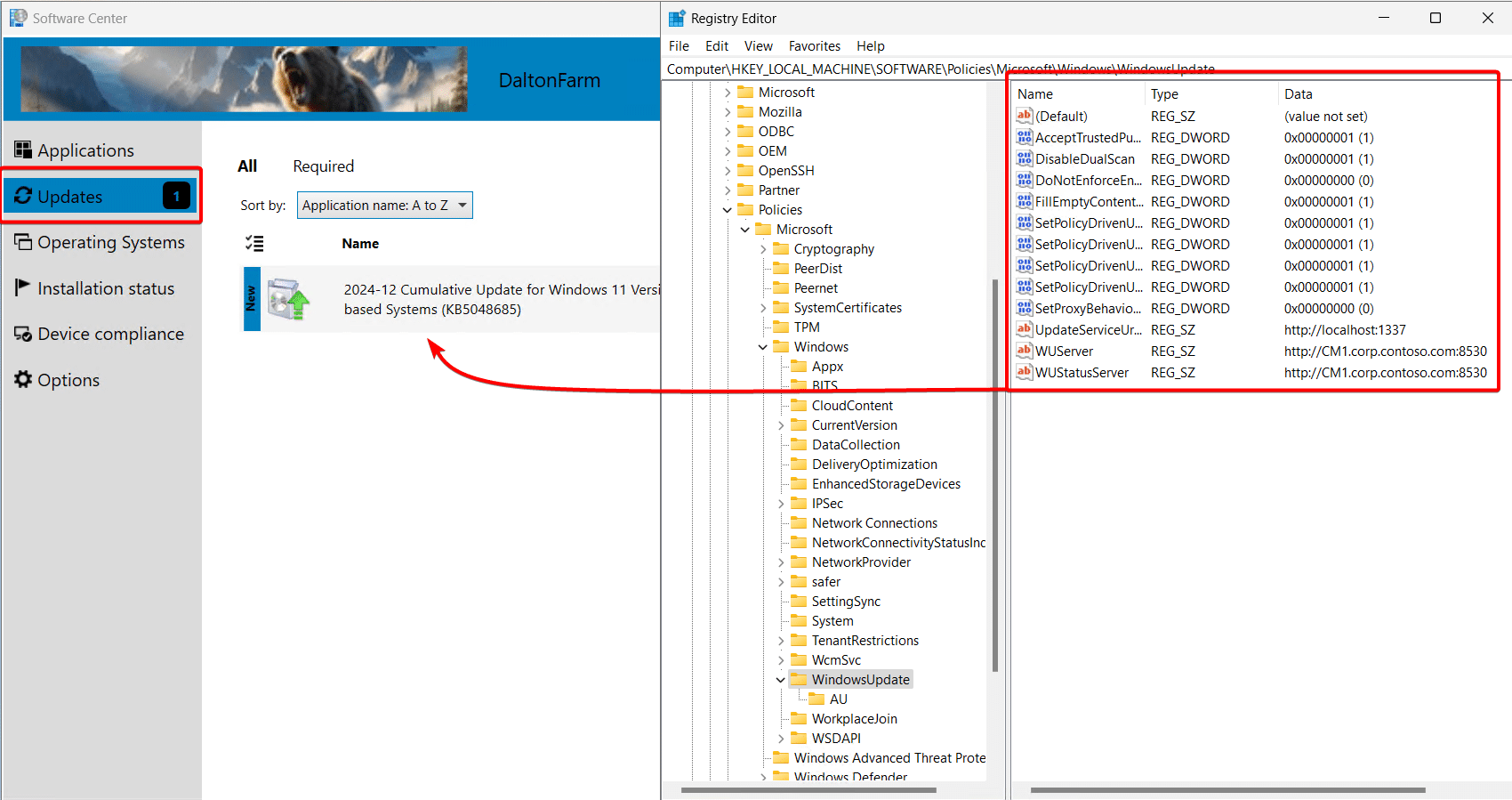 HKEY_LOCAL_MACHINE\SOFTWARE\Policies\Microsoft\Windows\WindowsUpdate with Client Settings Applied