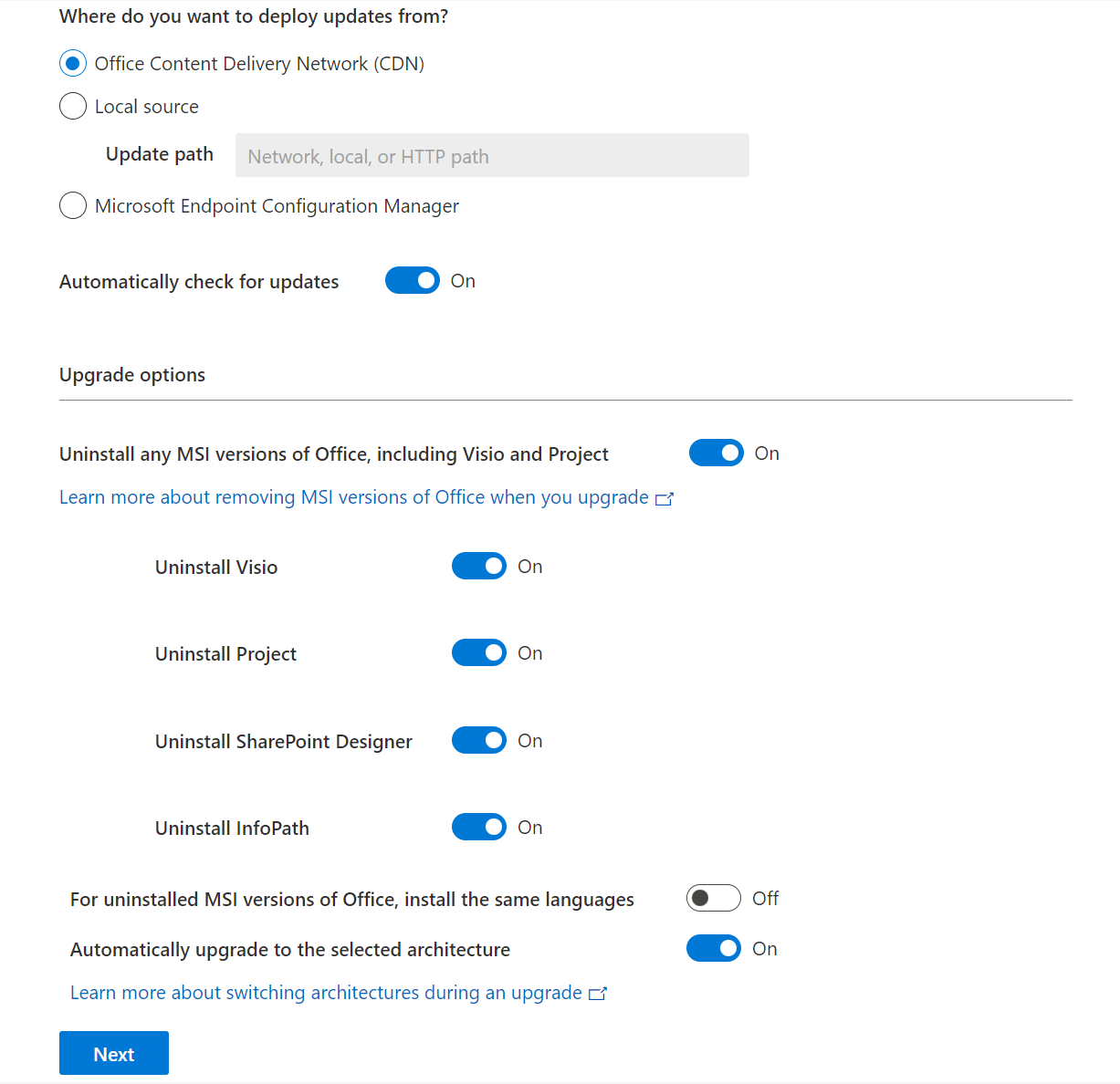 Configuring the upgrade options