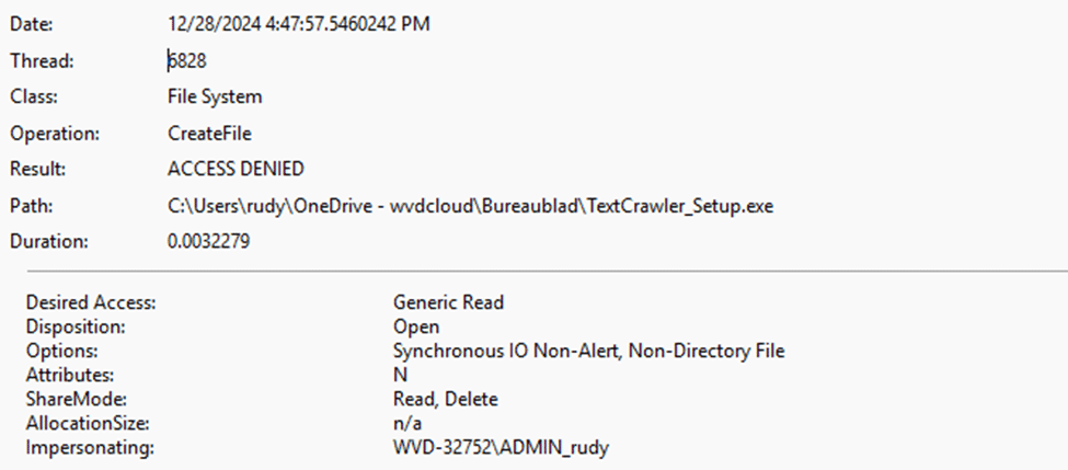procmon will show us access denied when it tries to open the file on the desktop which is protected by personal data encryption. 0x80070043