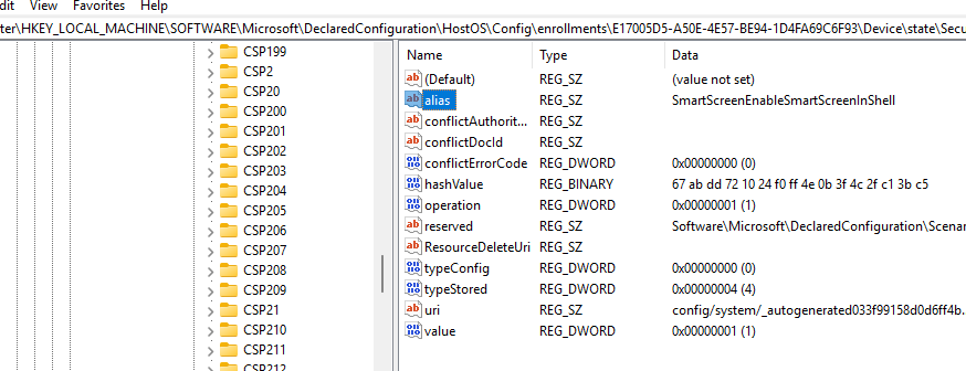 Inside the HKEY_LOCAL_MACHINE\Software\MicrosoftDeclaredConfigurationHostOSConfig we will notice the RAW and COOKED settings we discussed previously