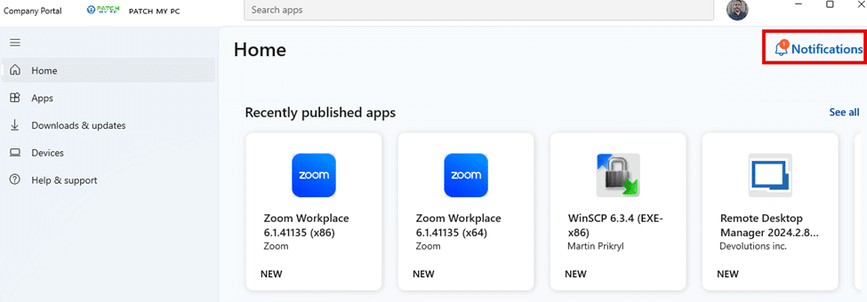 new notification company portal app screen