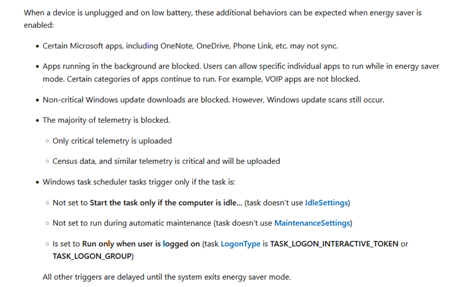 microsoft documentation about what is impacted when we configure energy saver