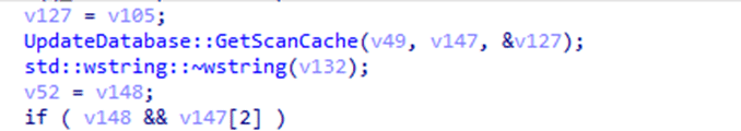 the getscancache function, searches for the scancache in the store.db to fetch the updatepolicy