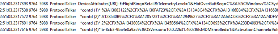 Windows Update Log showing the Device Attributes
