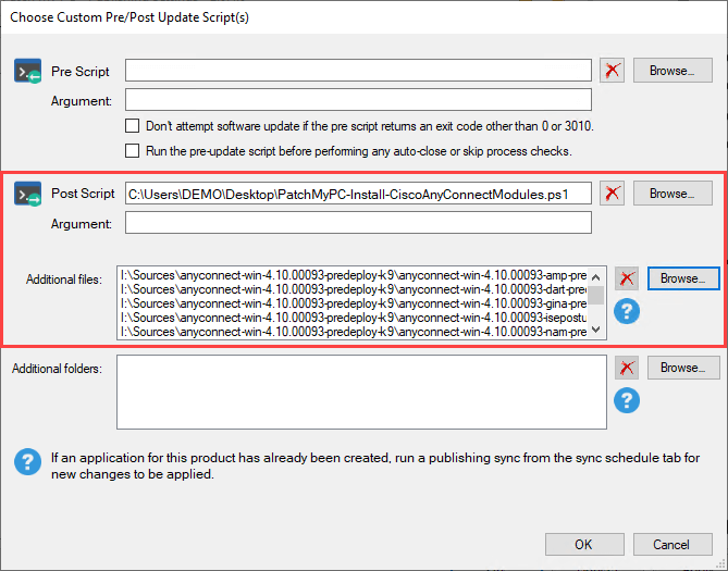 Define post script and additional files