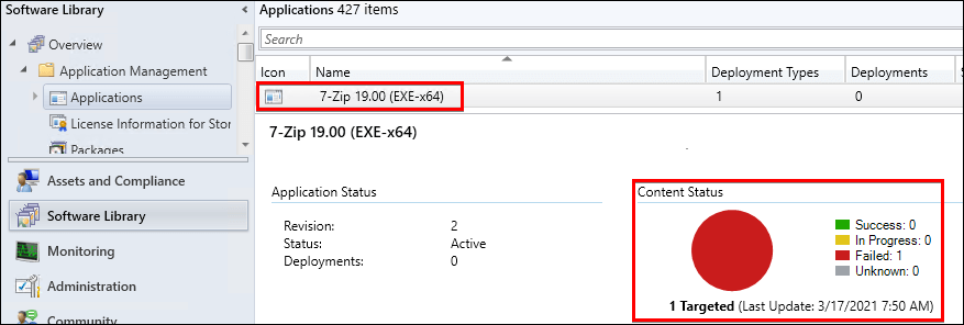 ConfigMgr Application content in failed state on summary tab