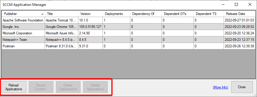 Available Options in the ConfigMgr Application Manager Options include: Reload Applications, Extract Content, Delete Deployments, and Delete Applications