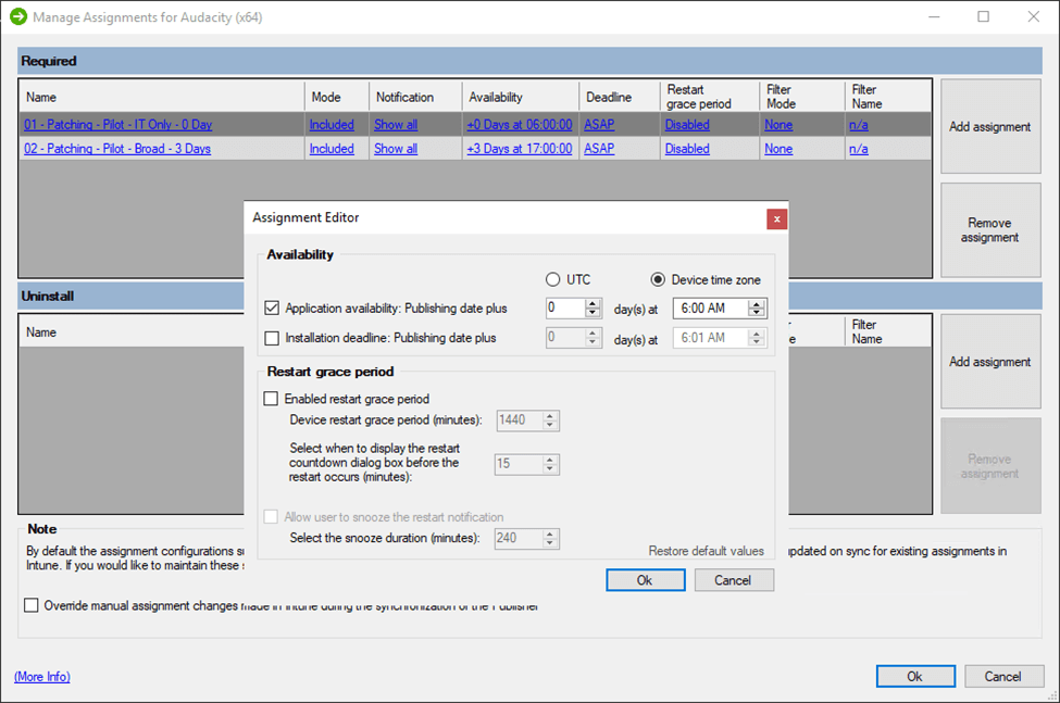 Patch My PC Manage Assignments window with an assignment set for 0 days after the publishing date