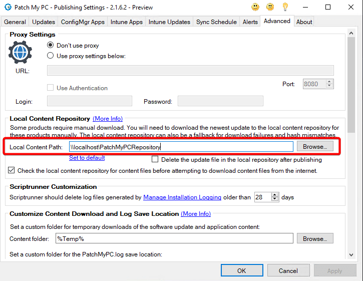 Screenshot of the Patch My PC Publisher with the Local Content folder indicated.