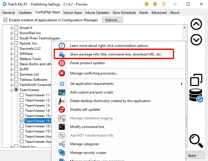 Screenshot of the Patch My PC Publisher with the option to show package info selected