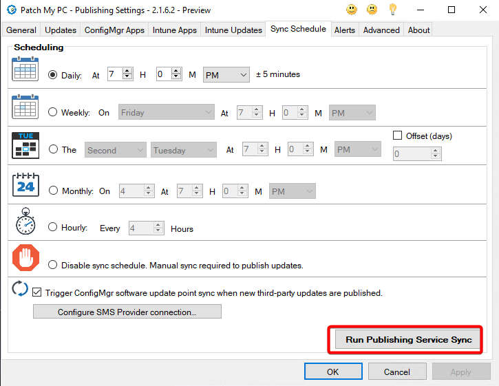 Screenshot of the Patch My PC Publisher on the Sync Schedule Tab with Run Publishing Service Sync button identified