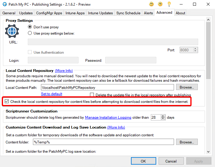 Screenshot of the Patch My PC Publisher on the Advanced Tab with the 