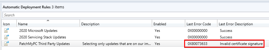 SCCM ADR Error Code 0x80073633 Invalid certificate signature