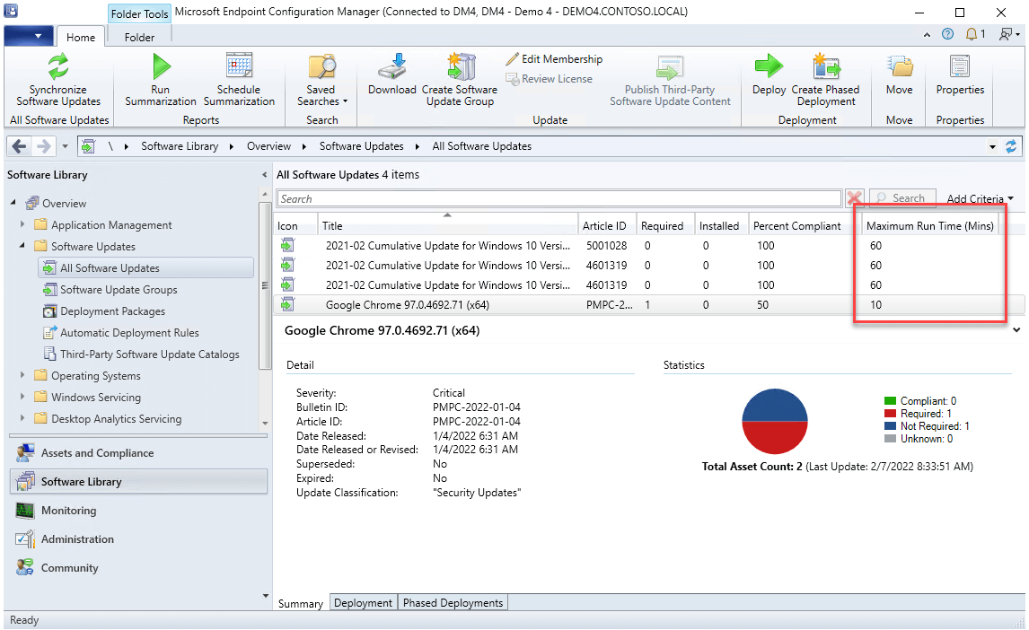 In-console view of Maximum Run Time (Mins) for all software updates
