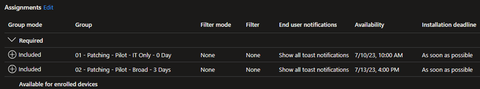 Screenshot of the assignments being made to both groups