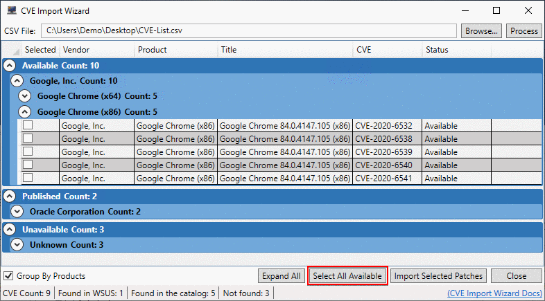 Select All Available Updates for Importing