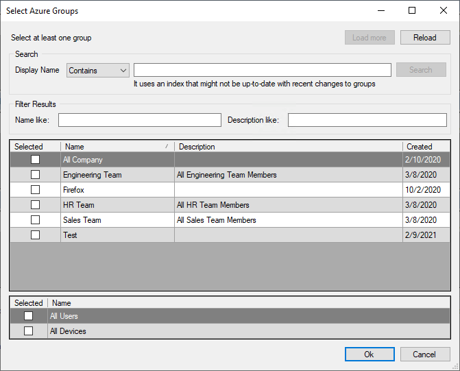 Select Azure Groups Wizard