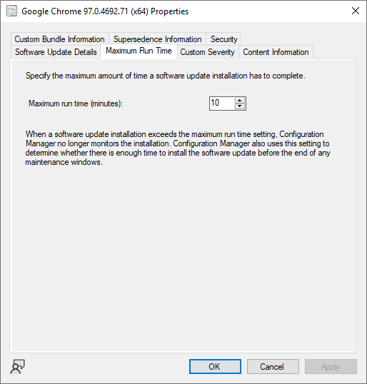 A particular software update's maximum run time configuration