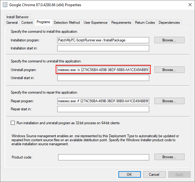 Uninstall Program for SCCM Application Deployment Type