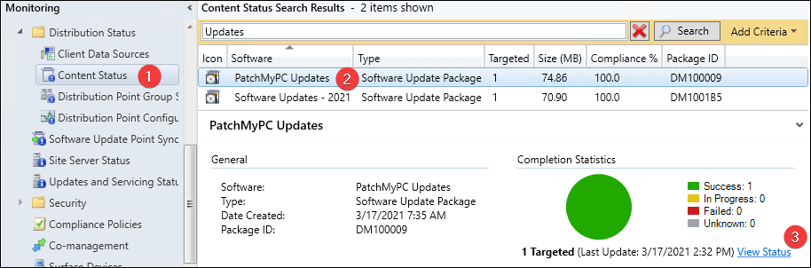 View Status of Deployment Package in the Content Status Node of Distribution Status in SCCM