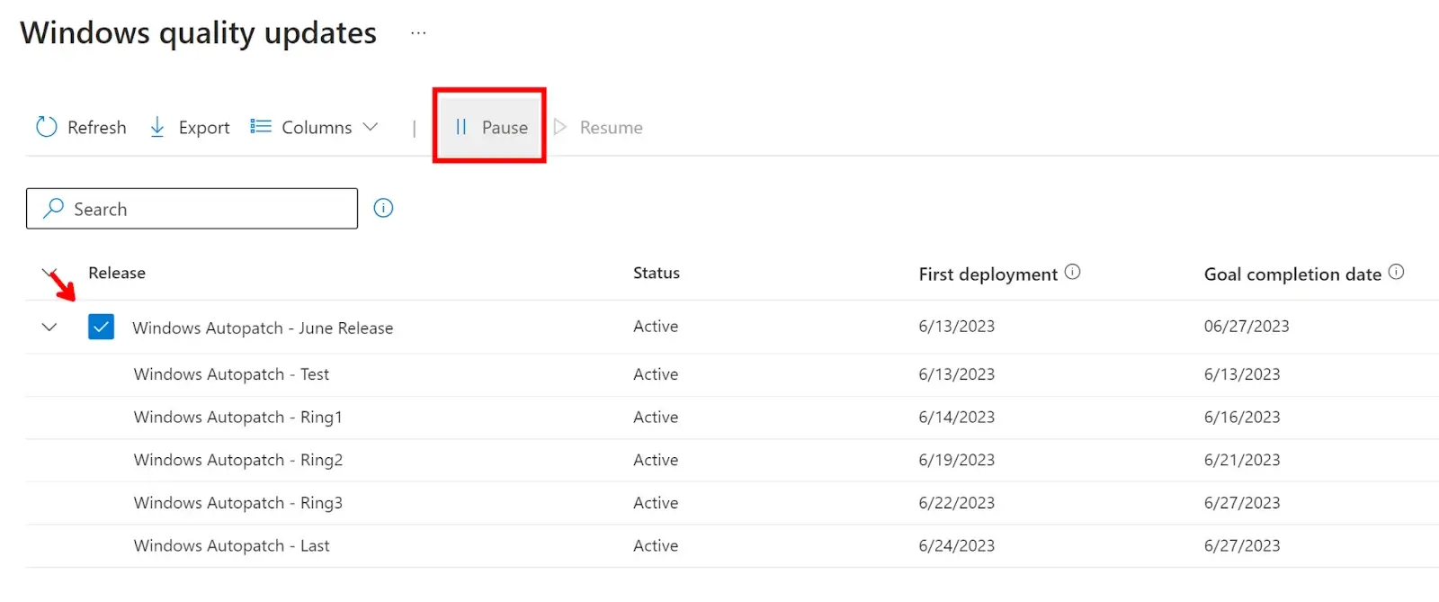 Overview of Autopatch deployment rings and the option to pause deployments for a specific group.