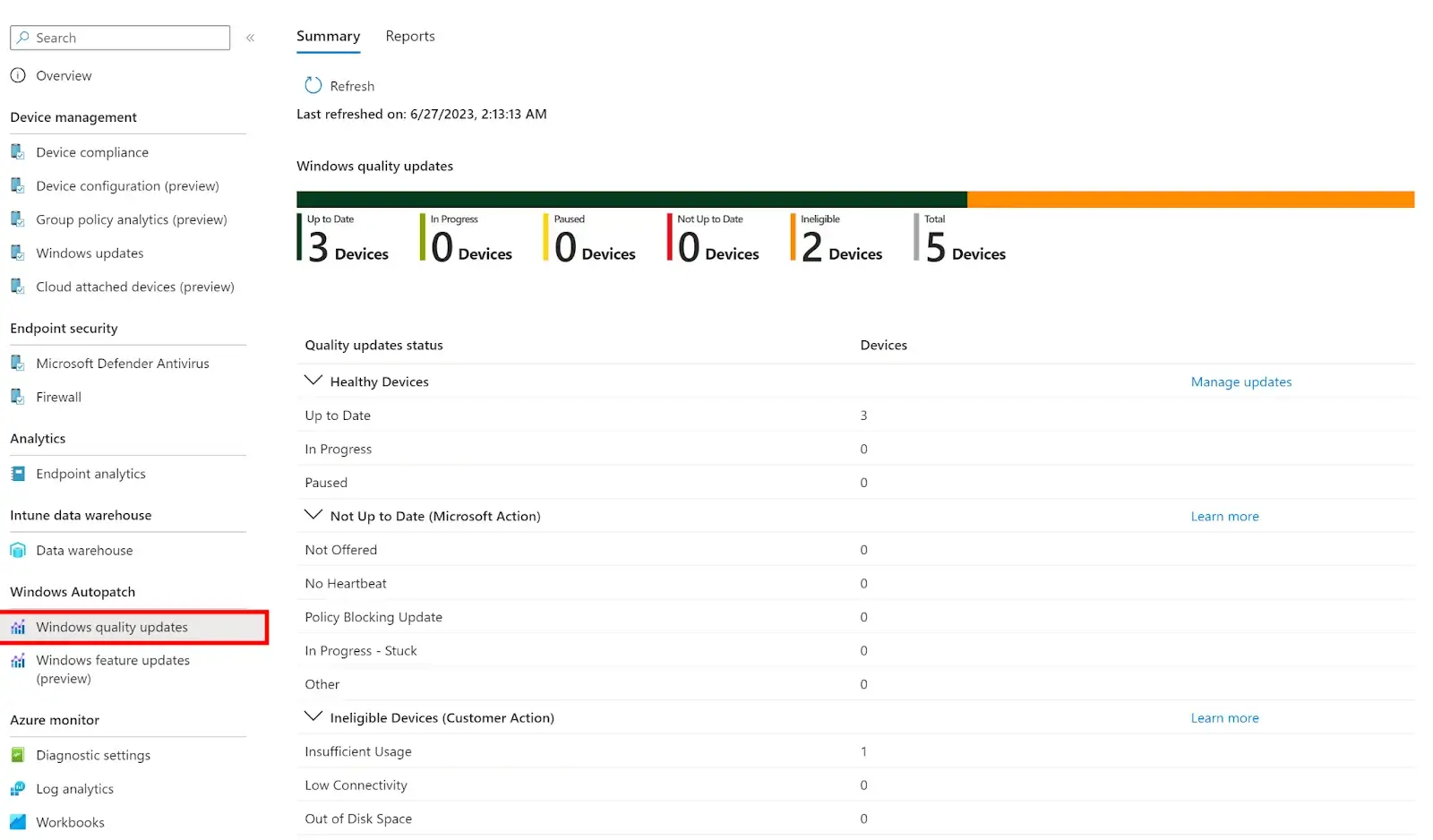 Summary report of Windows Quality Updates for all Autopatch managed devices.