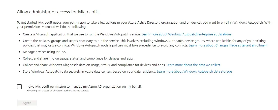 Review and agree permissions needed to enroll into the Autopatch service.