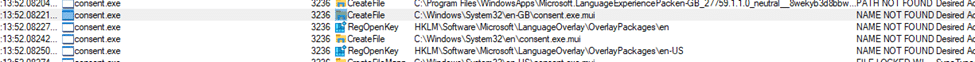 procmon showing that it could not find the consent.exe.mui in the en-gb MUI folder