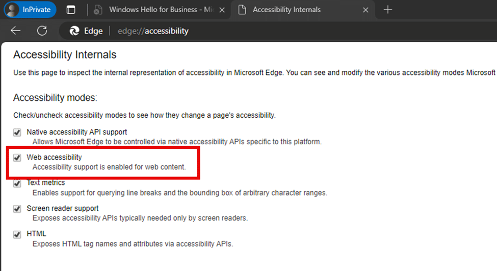 Configuring the edge accessebility options and disabling web accessebility to prevent the status_access_violation error