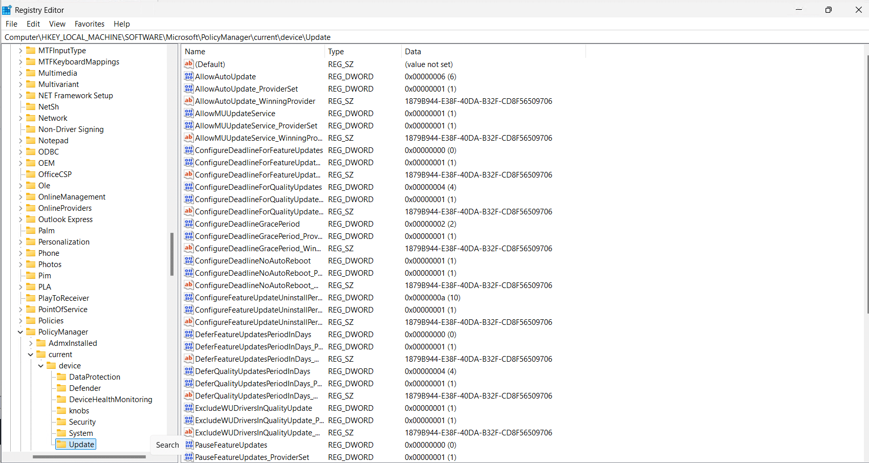 PolicyManagercurrentdeviceUpdate  registry location showing the policies