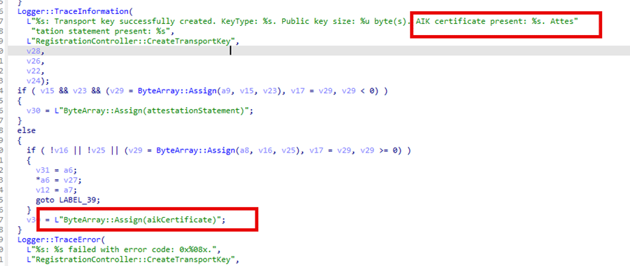 the createtransportkey function showing the the AIK certificate present check