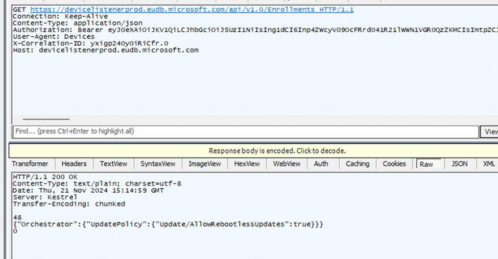 in the response of the api request to devicelistenerprod.eudb.microsoft.com we will find the updatepolicy that contains the hotpatching policy: allowrebootlessupdates