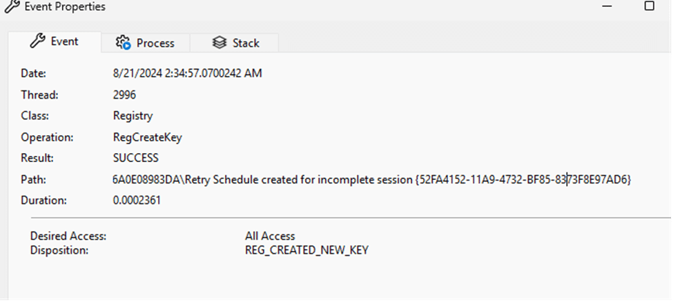 we will notice that procmon also mentions the retry schedule for incomplete session getting created