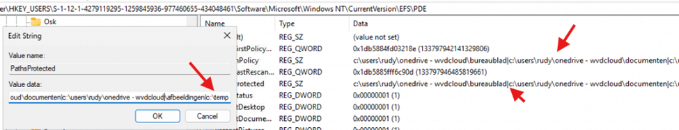 adding the C:\temp folder as personal data encryption folder
