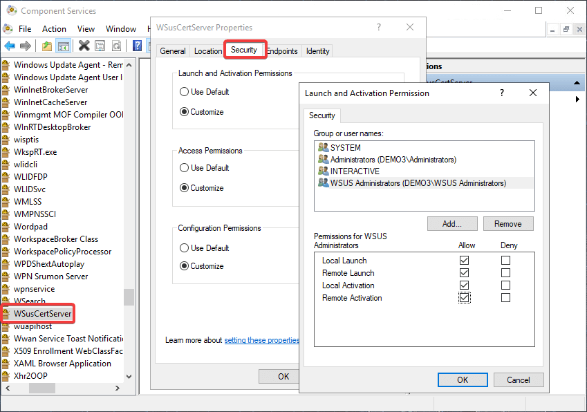 dcomcnfg Launch and activation permissions for WSusCertServer