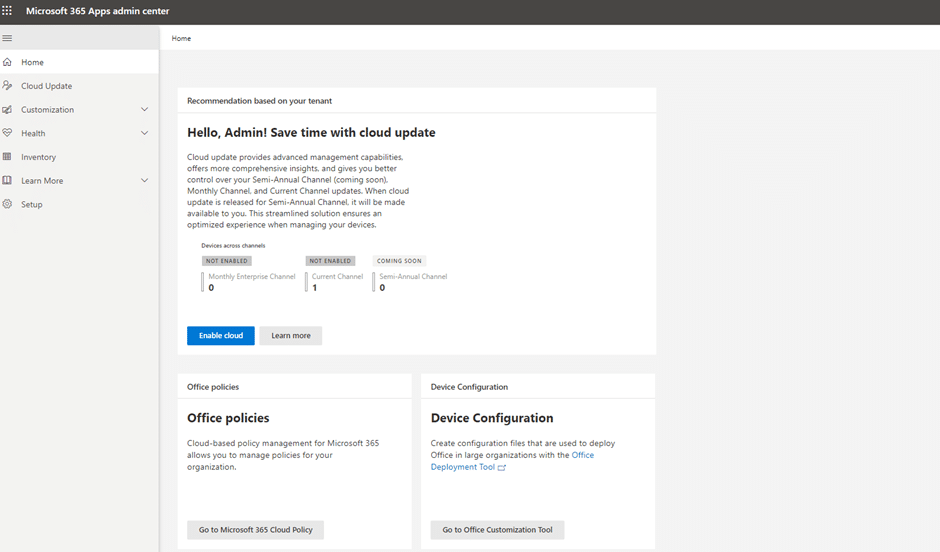 Microsoft 365 apps Starting page inside config.office.com portal