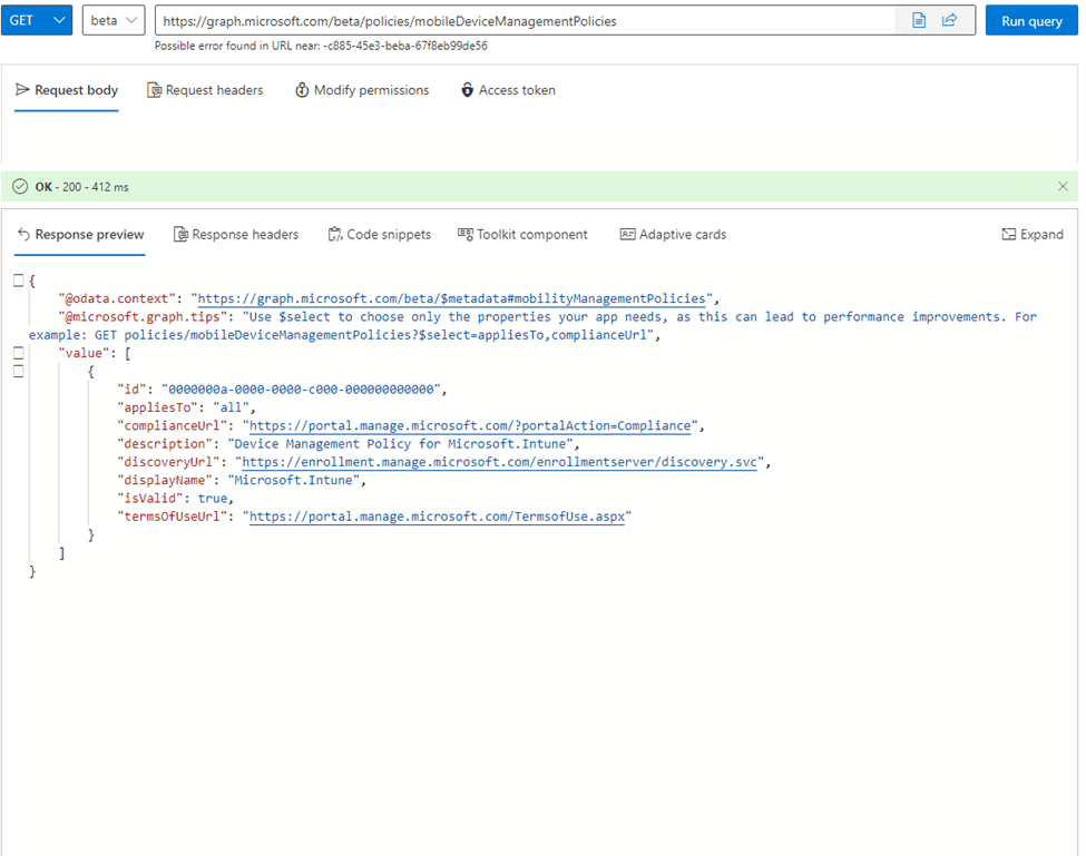 performing a get, now only showed us the builtin microsoft intune mdm policy