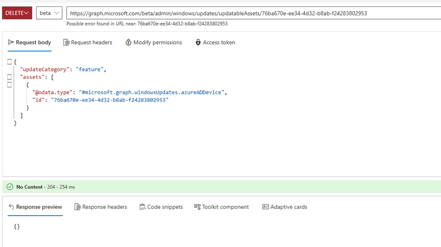 performing a delete to delete the device from the wufb dss service