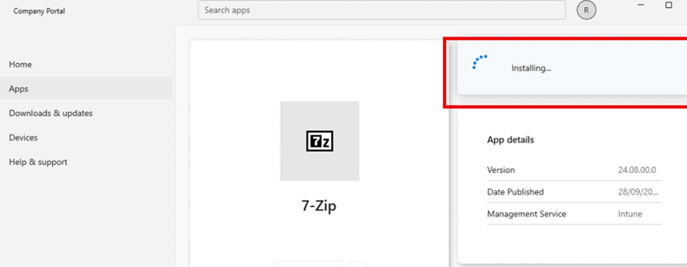 Installing the win32 App was stuck on 100% in the company portal