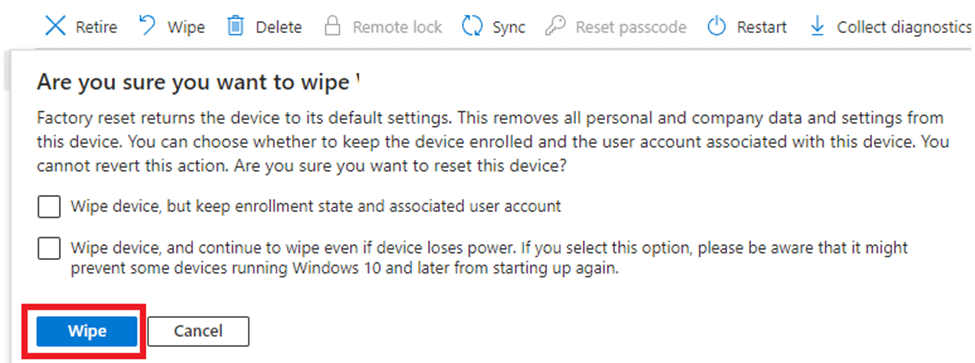 select wipe to perform the remote wipe in intune