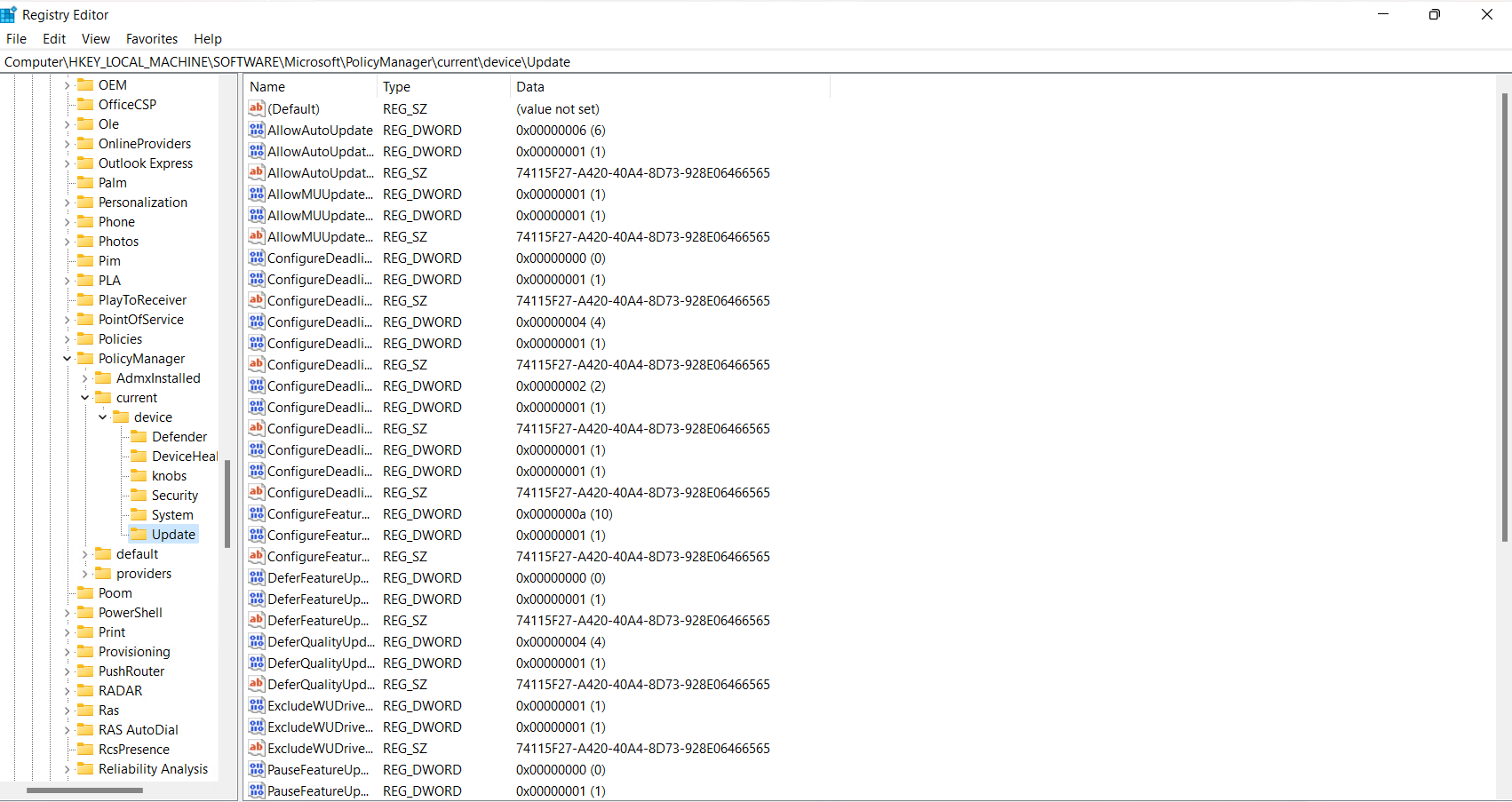 HKEY_LOCAL_MACHINE\Software\MicrosoftPolicyManagercurrentdeviceUpdate