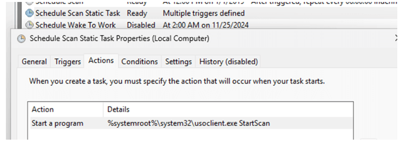 the schedule scan task will launch the usoclient.exe with the startscan parameter
