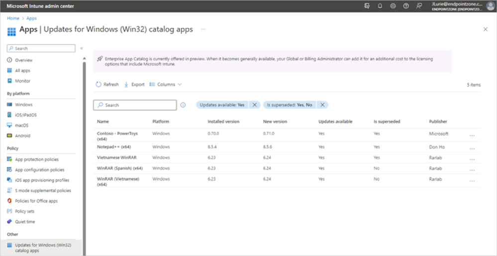 Updates for Windows (Win32) catalog apps'