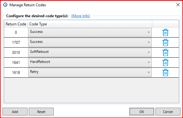 Default return codes: 0/success, 1707/success, 3010/SoftReboot, 1641/HardReboot, 1618/Retry