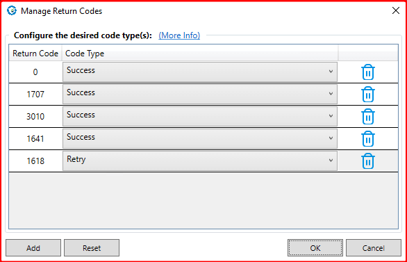 Override return codes: 0/success, 1707/success, 3010/success, 1641/success, 1618/Retry
