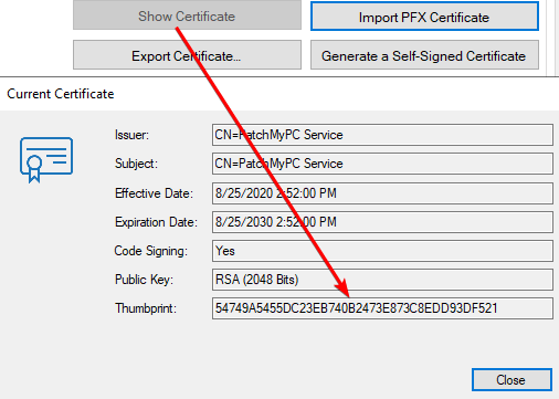 show wsus signing certificate thumbprint